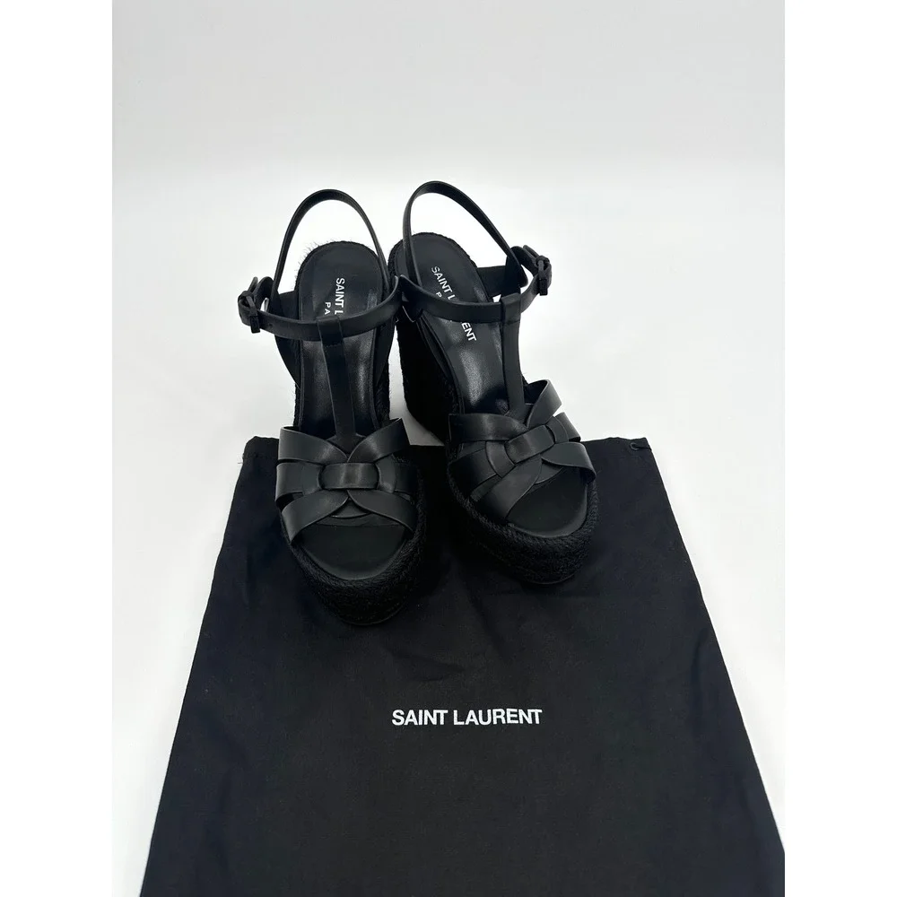 Saint Laurent Tribute Black Leather Espadrille Wedge Sandals Size 37
